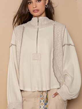 POL Textured Half-Zip Pullover Sweatshirt - Cream